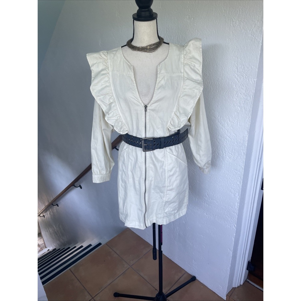 Free People Imogene Cream Denim Ruffle Mini Jacket Dress With Pockets Small - Picture 4 of 7